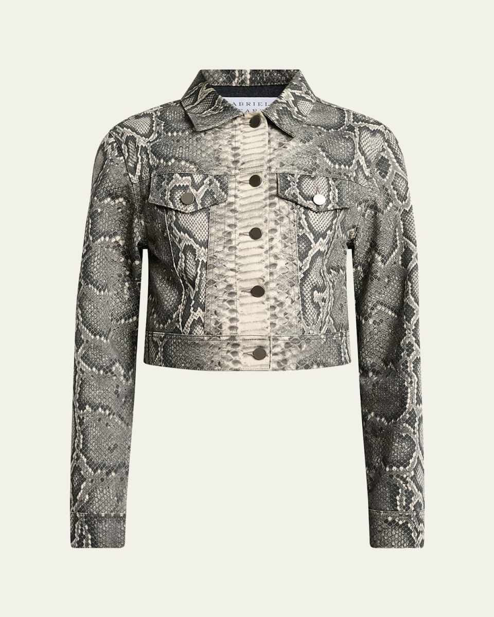 Bronte Snakeskin-Print Crop Denim Jacket